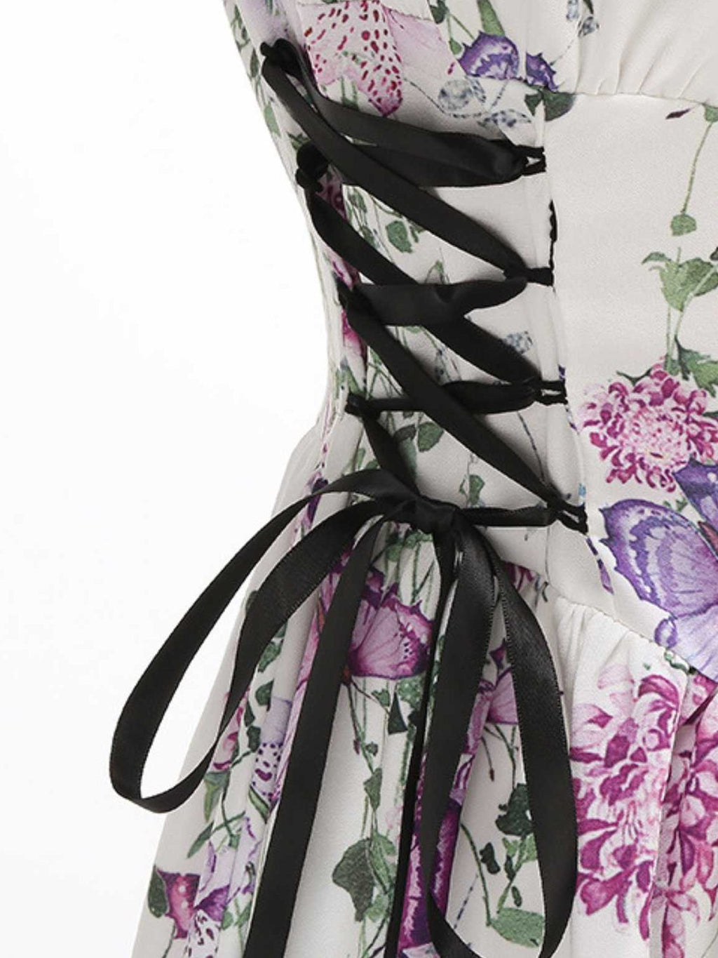 1950s Strap Floral Butterflies Lace-Up Corset Dress