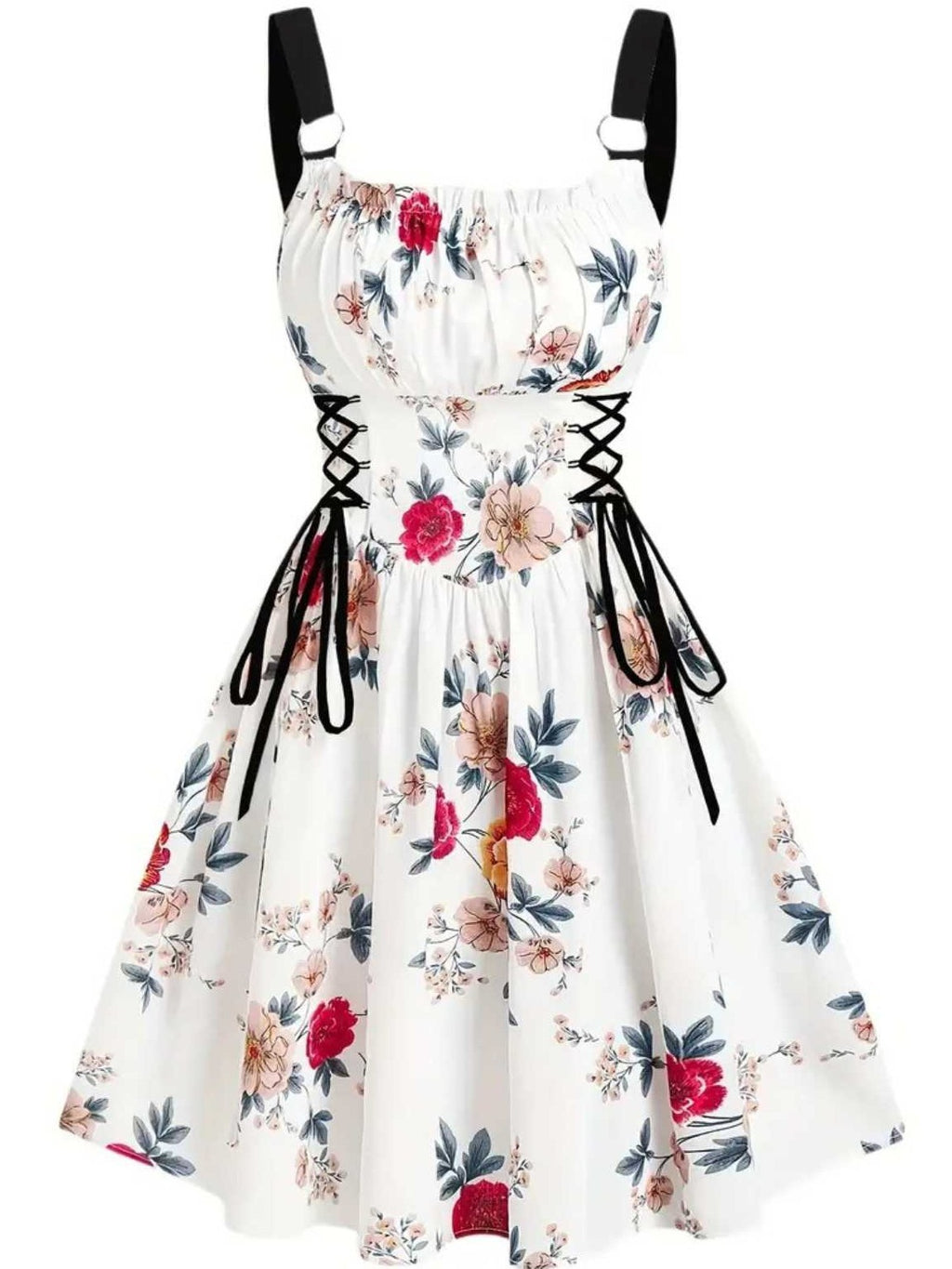 1950s Strap Floral Butterflies Lace-Up Corset Dress