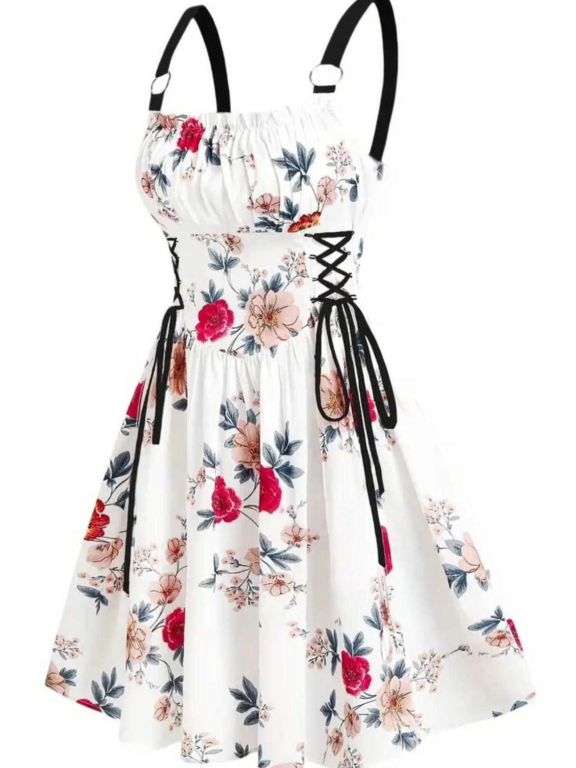 1950s Strap Floral Butterflies Lace-Up Corset Dress