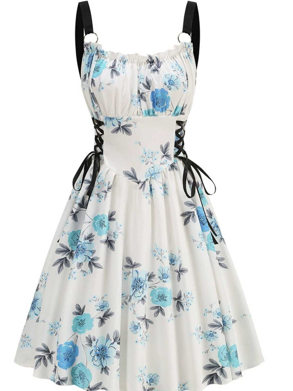 1950s Strap Floral Butterflies Lace-Up Corset Dress