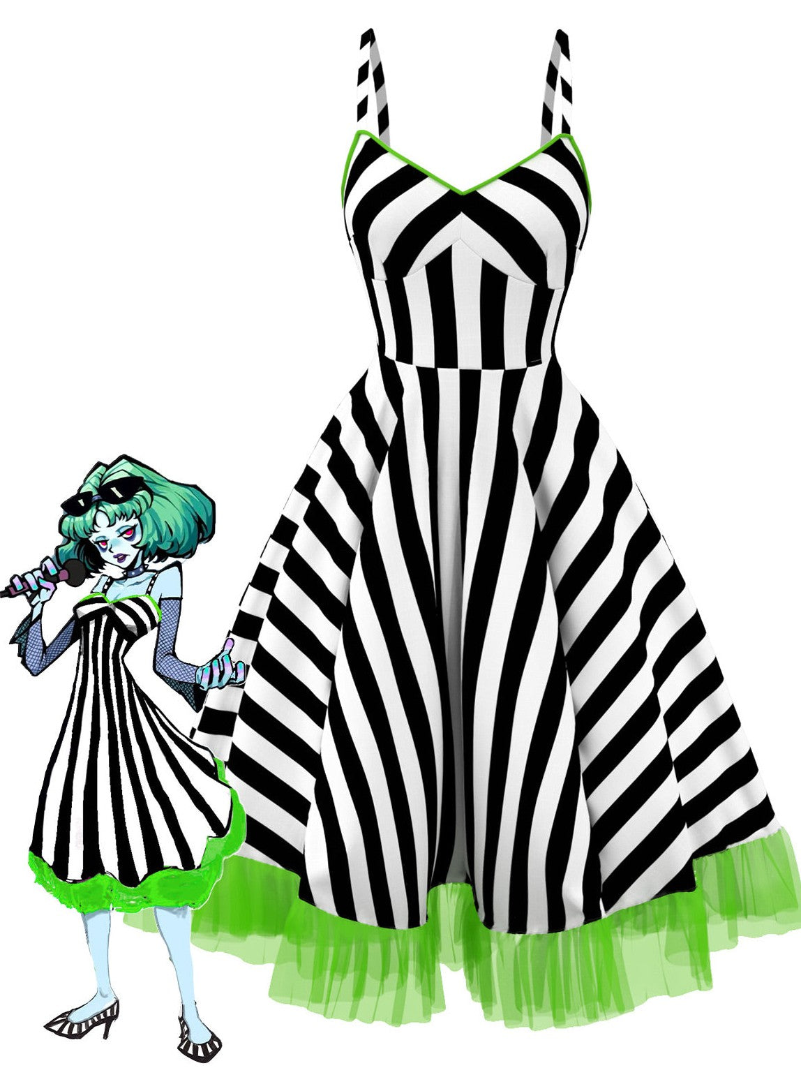 Black & White 1950s Striped Fluorescent Green Lace Dress