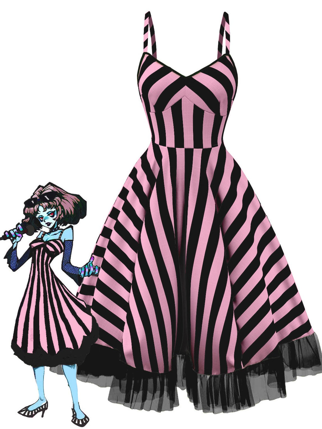 Black & Pink 1950s Striped Fluorescent Black Lace Dress