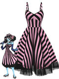 Black & Pink 1950s Striped Fluorescent Black Lace Dress