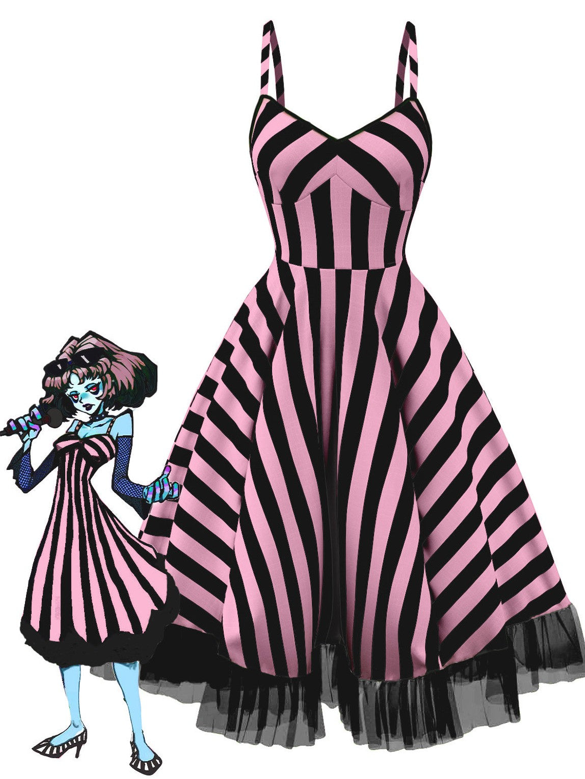 Black & Pink 1950s Striped Fluorescent Black Lace Dress