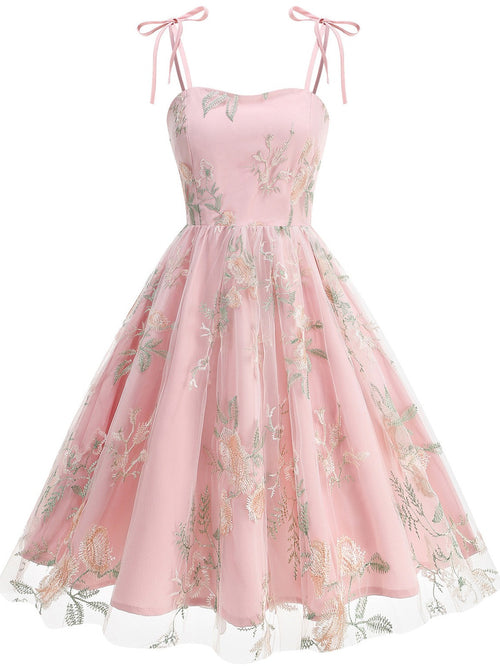 1950s Tie-Strap Floral Embroidered Tulle Dress