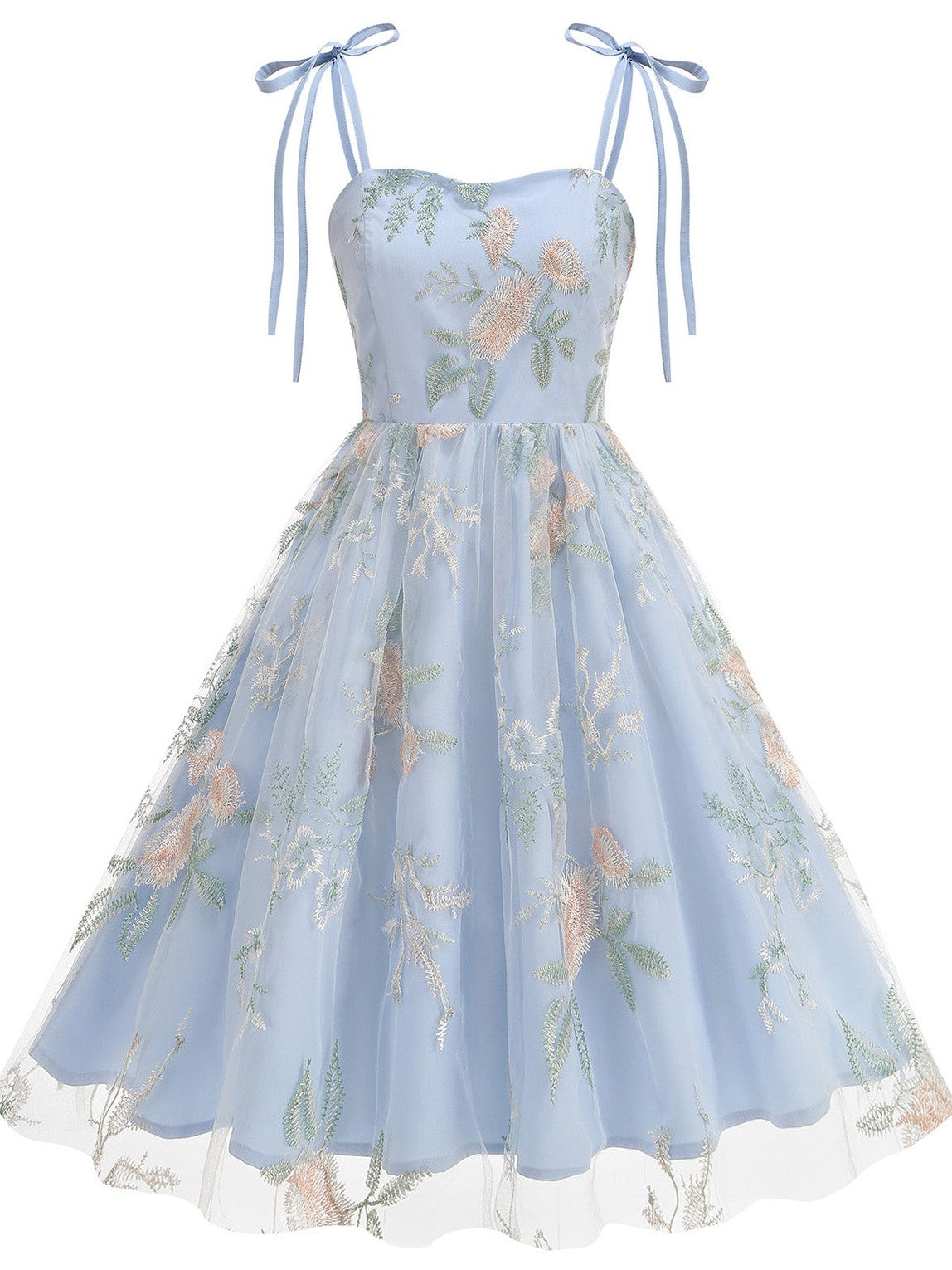 1950s Tie-Strap Floral Embroidered Tulle Dress