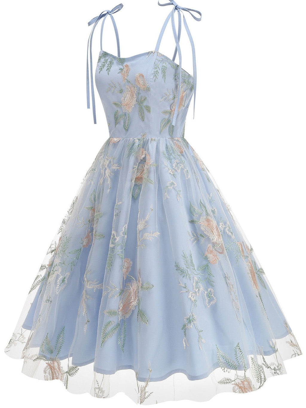 1950s Tie-Strap Floral Embroidered Tulle Dress