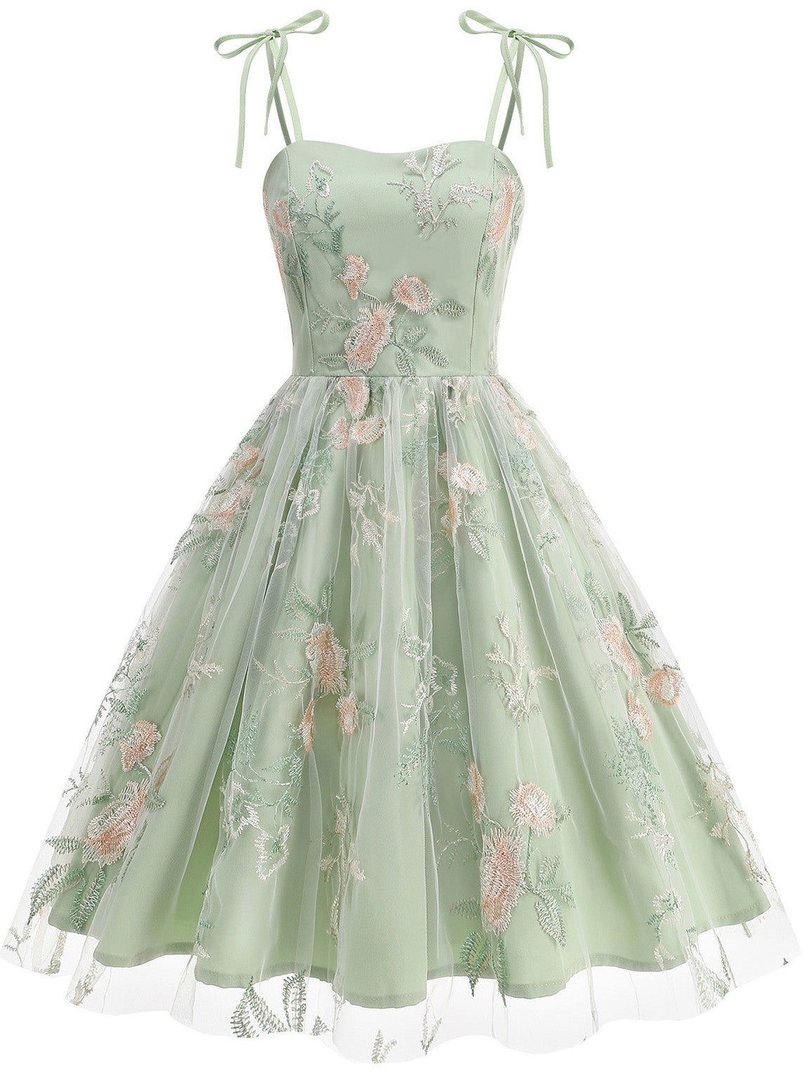 1950s Tie-Strap Floral Embroidered Tulle Dress