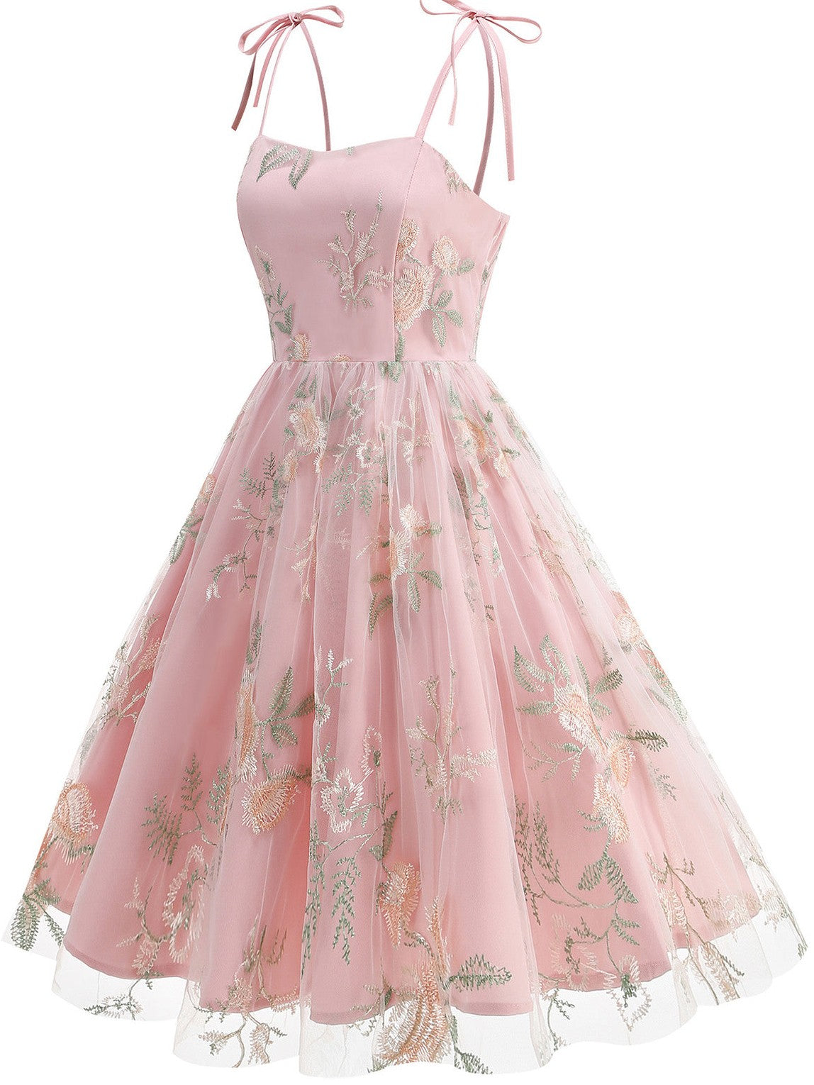 1950s Tie-Strap Floral Embroidered Tulle Dress