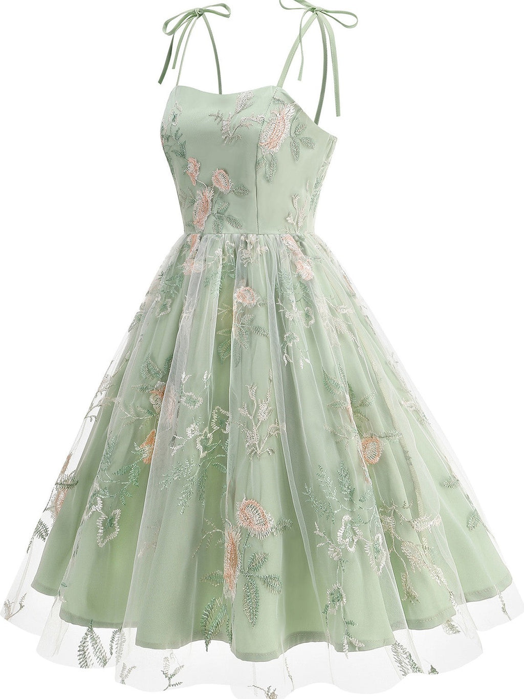 1950s Tie-Strap Floral Embroidered Tulle Dress