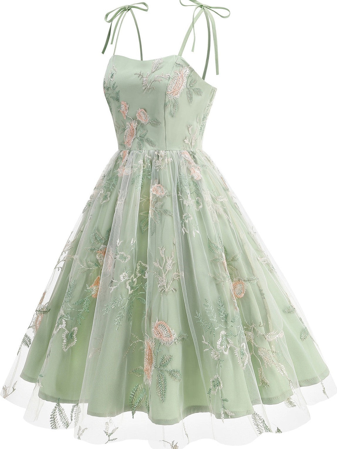 1950s Tie-Strap Floral Embroidered Tulle Dress