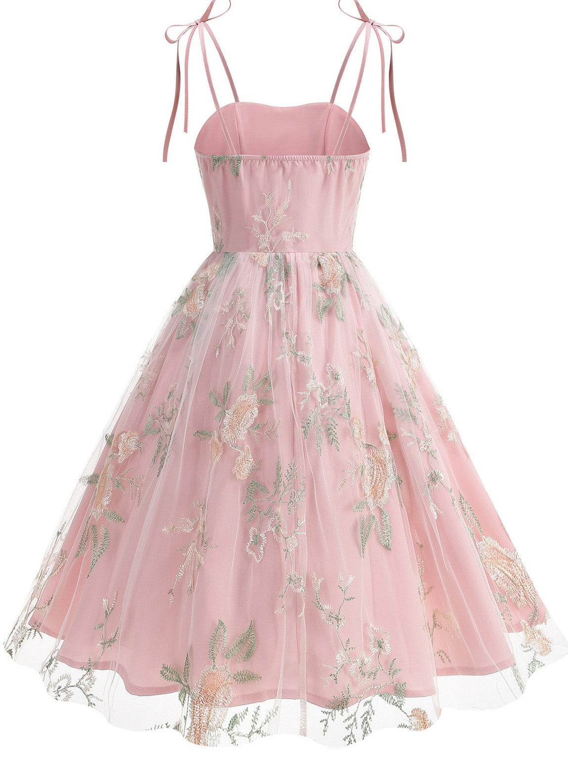 1950s Tie-Strap Floral Embroidered Tulle Dress