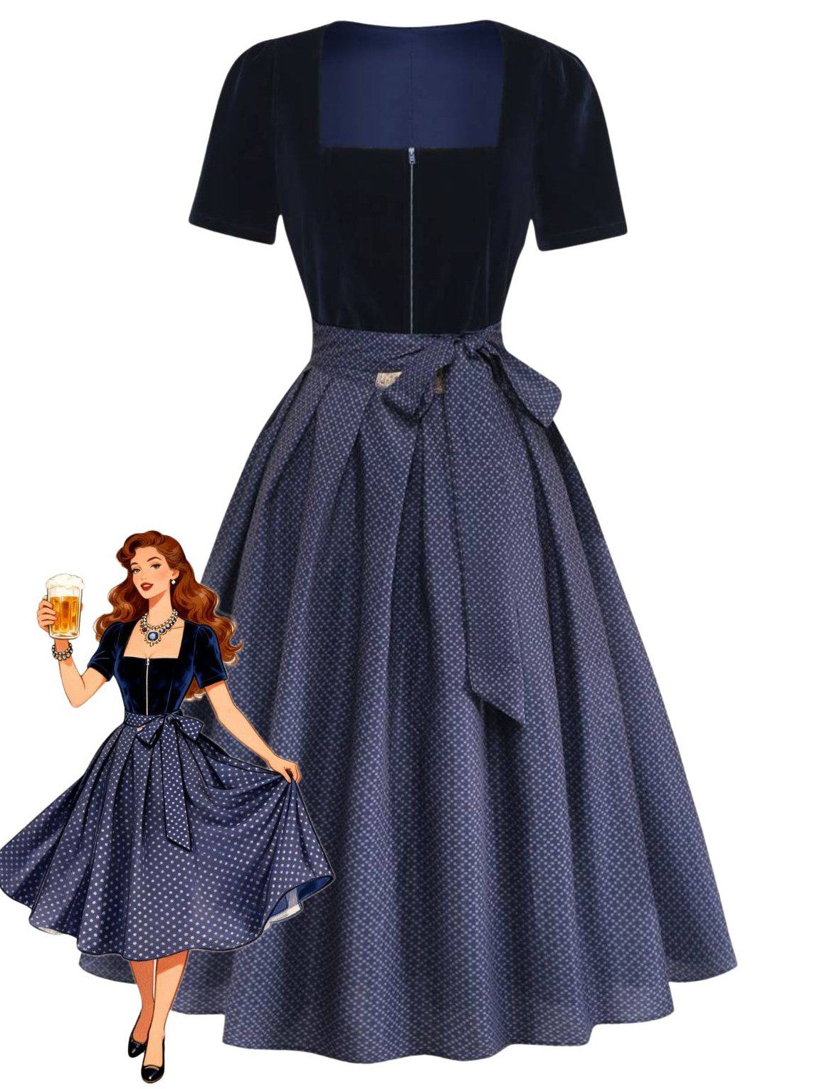 2PCS Blue 1950s Square Neck Velvet Dress & Polka Dot Apron