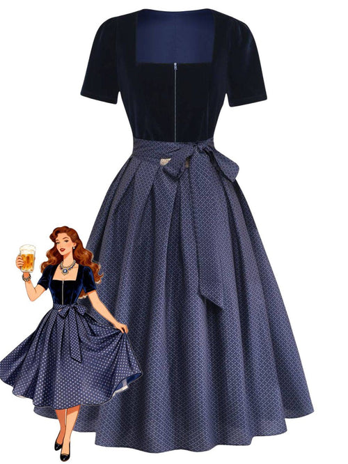 2PCS Blue 1950s Square Neck Velvet Dress & Polka Dot Apron