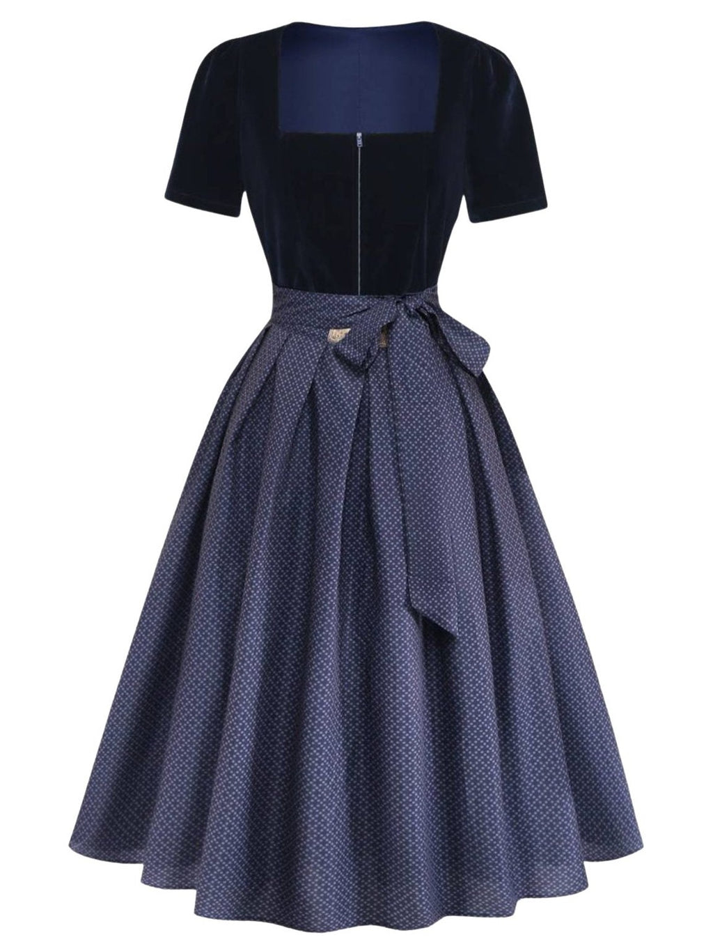 2PCS Blue 1950s Square Neck Velvet Dress & Polka Dot Apron