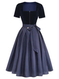 2PCS Blue 1950s Square Neck Velvet Dress & Polka Dot Apron