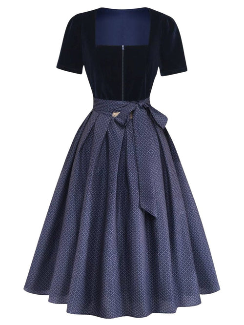2PCS Blue 1950s Square Neck Velvet Dress & Polka Dot Apron