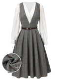 2PCS Grey 1940s V-Neck Plaid Dress & Satin Blouse