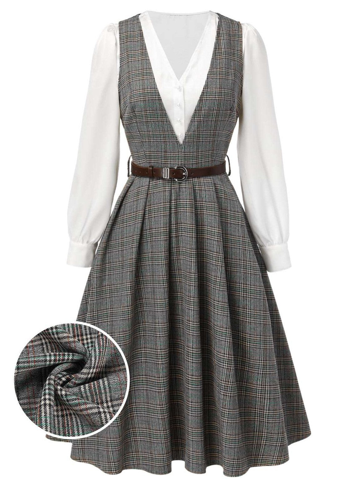 2PCS Grey 1940s V-Neck Plaid Dress & Satin Blouse