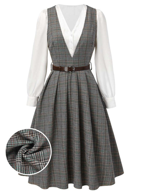 2PCS Grey 1940s V-Neck Plaid Dress & Satin Blouse