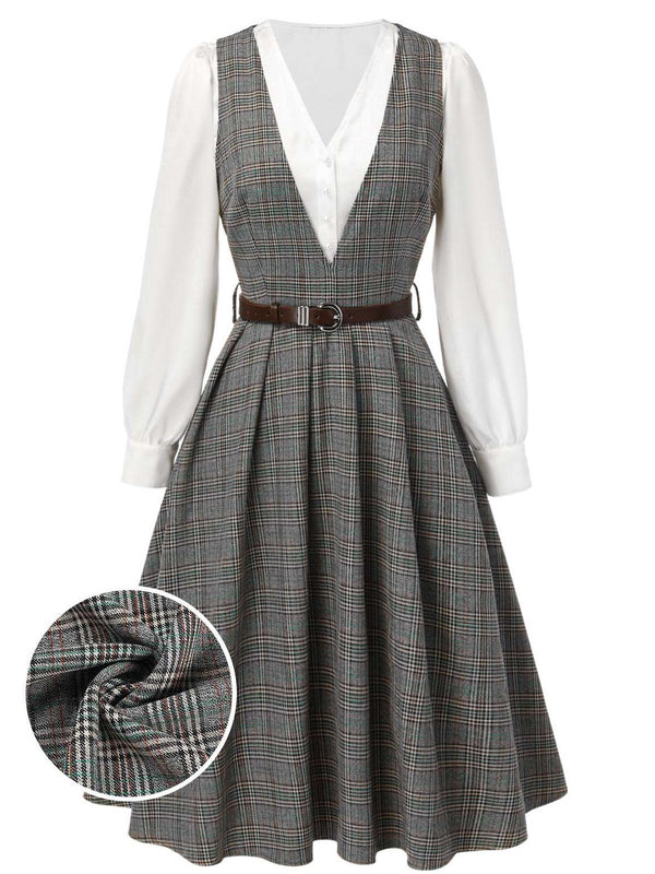 2PCS Grey 1940s V-Neck Plaid Dress & Satin Blouse
