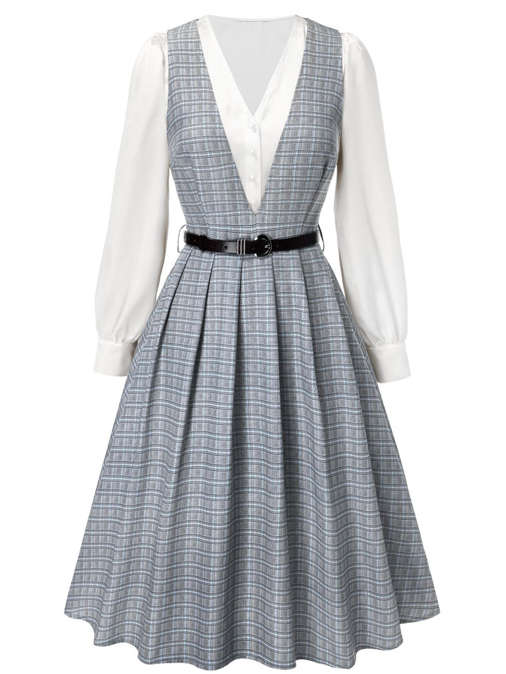 2PCS Grey 1940s V-Neck Plaid Dress & Satin Blouse