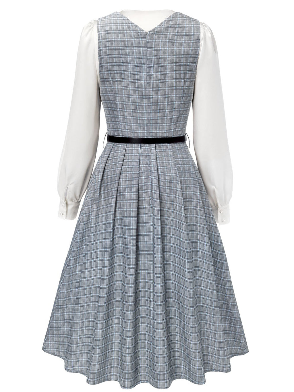 2PCS Grey 1940s V-Neck Plaid Dress & Satin Blouse