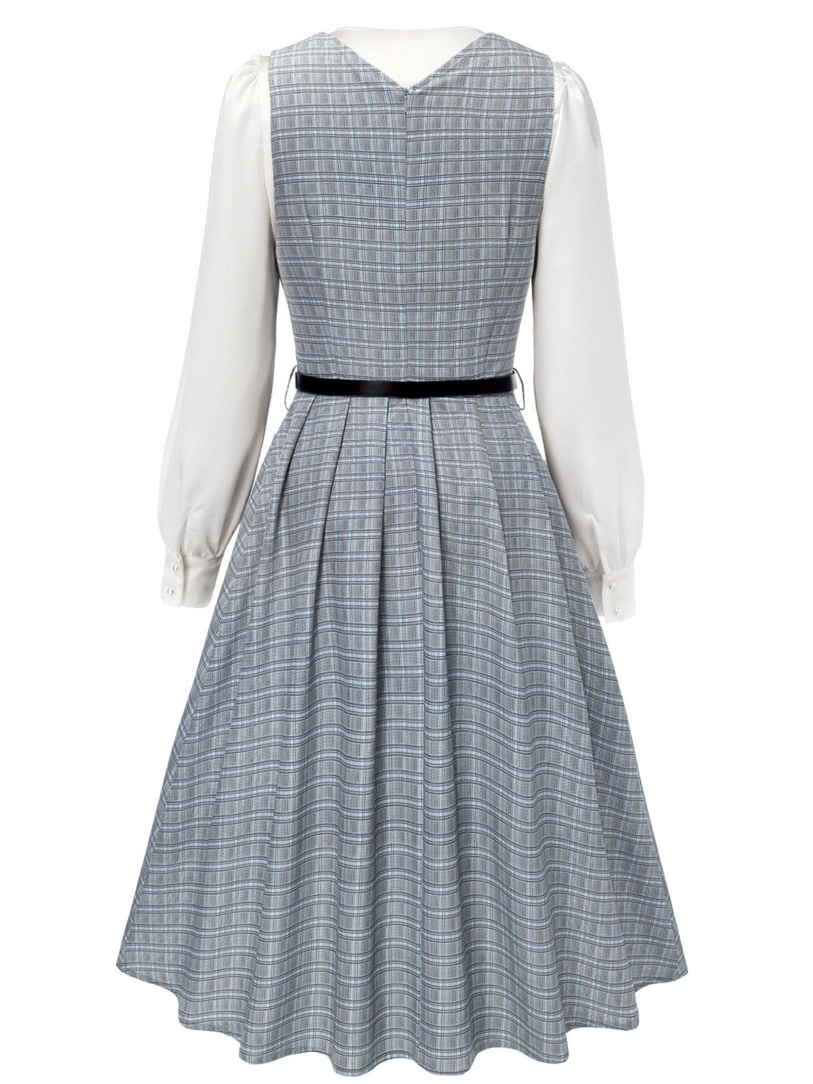 2PCS Grey 1940s V-Neck Plaid Dress & Satin Blouse