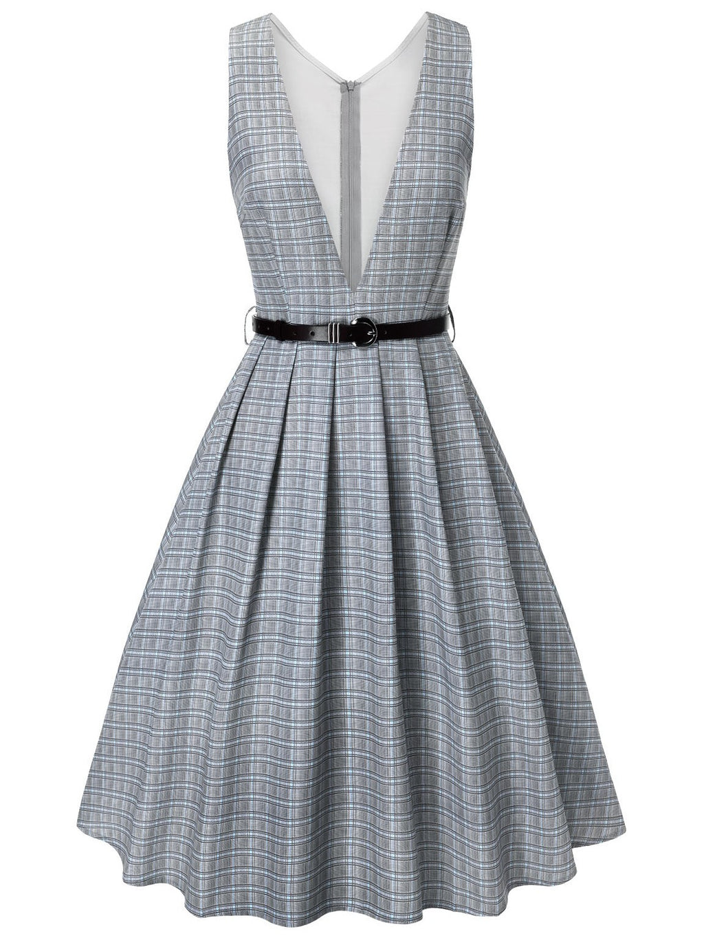 2PCS Grey 1940s V-Neck Plaid Dress & Satin Blouse