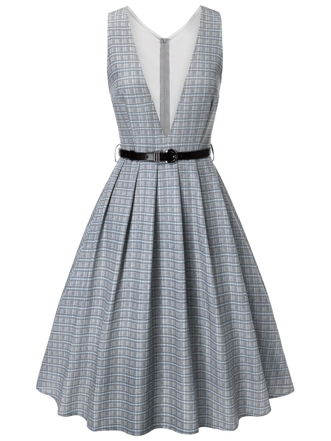 2PCS Grey 1940s V-Neck Plaid Dress & Satin Blouse
