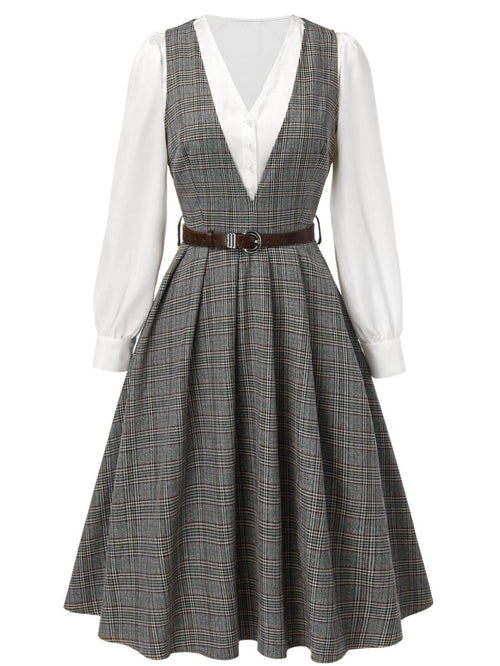 2PCS Grey 1940s V-Neck Plaid Dress & Satin Blouse