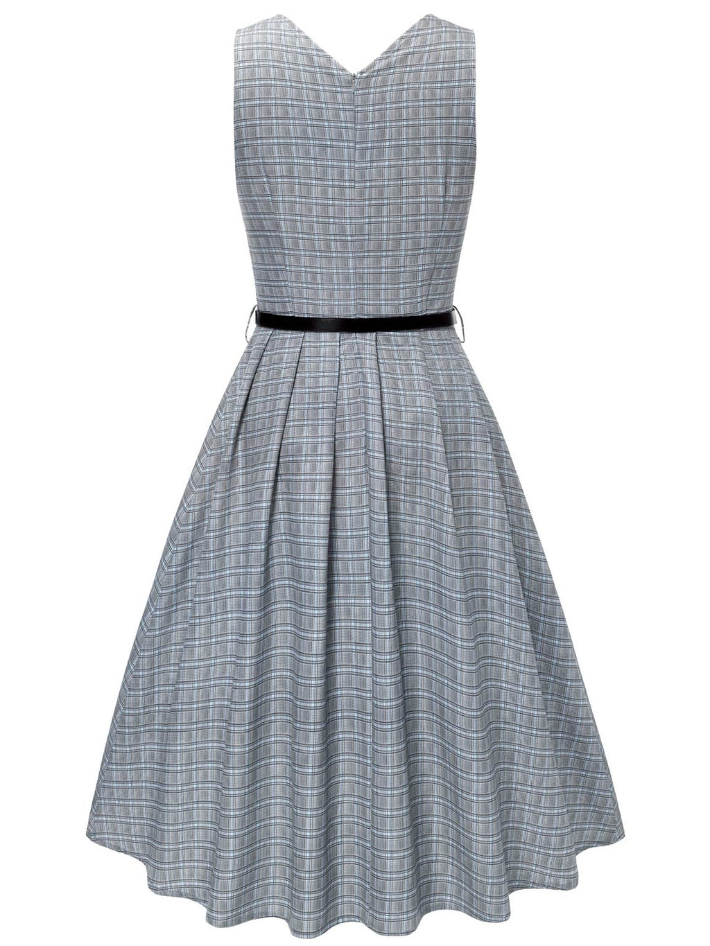 2PCS Grey 1940s V-Neck Plaid Dress & Satin Blouse