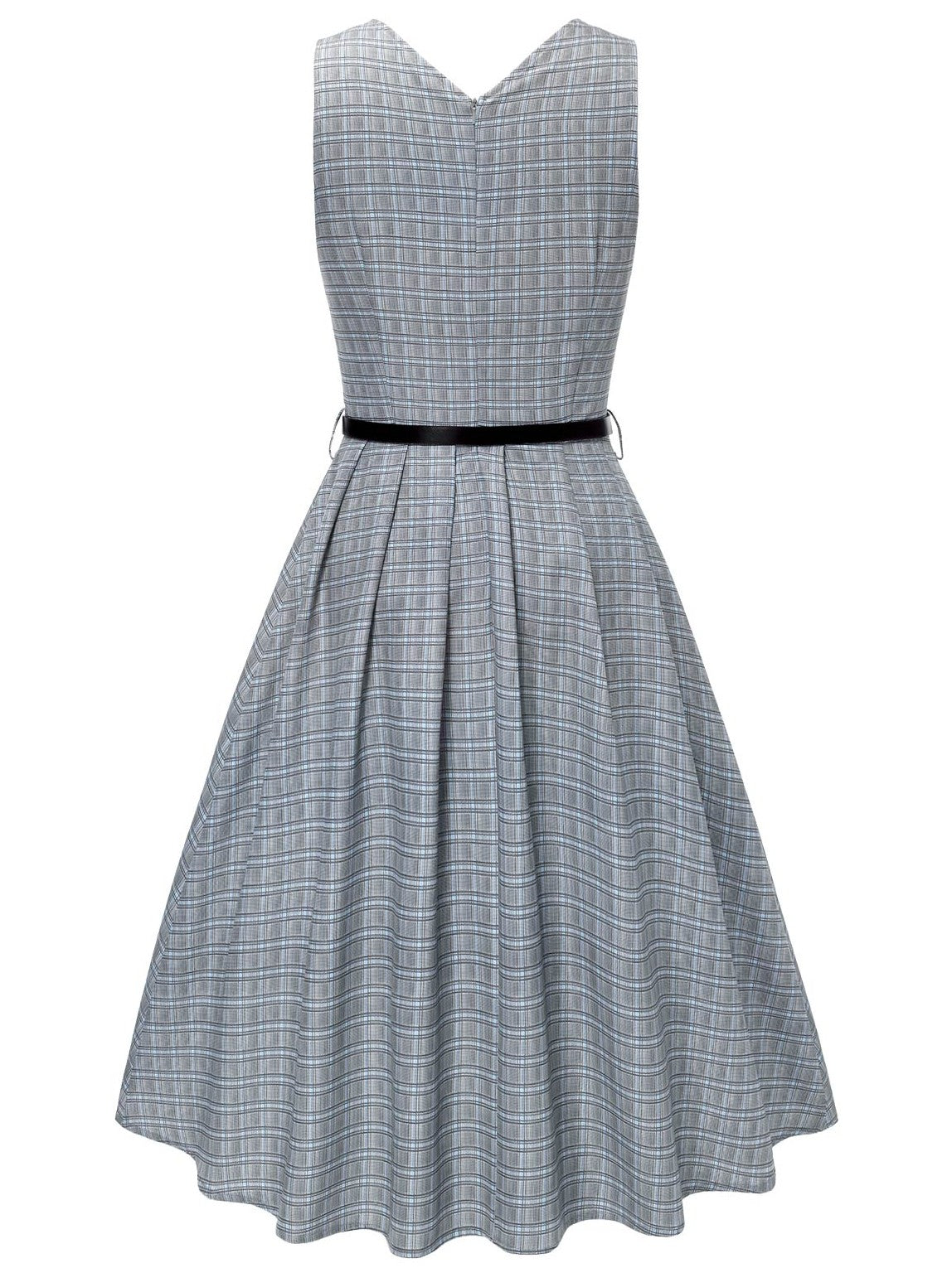 2PCS Grey 1940s V-Neck Plaid Dress & Satin Blouse