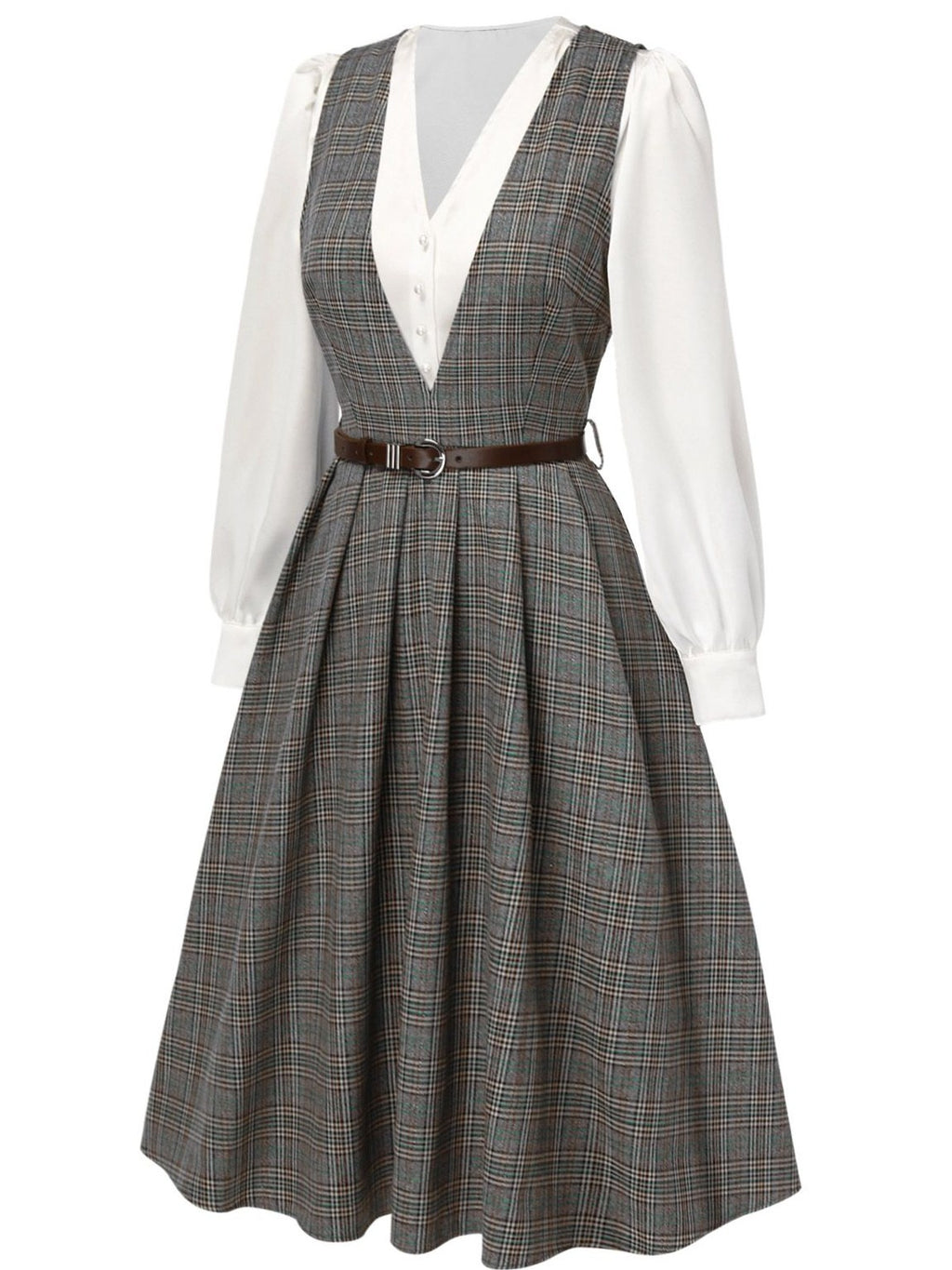 2PCS Grey 1940s V-Neck Plaid Dress & Satin Blouse