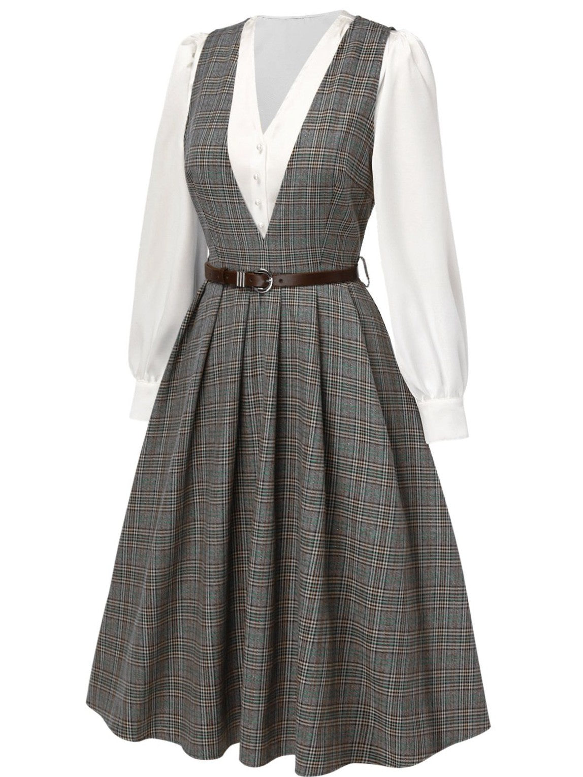 2PCS Grey 1940s V-Neck Plaid Dress & Satin Blouse
