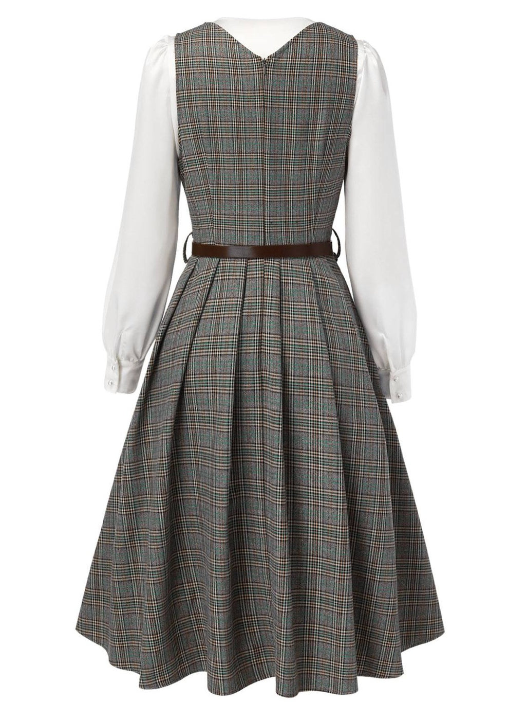 2PCS Grey 1940s V-Neck Plaid Dress & Satin Blouse