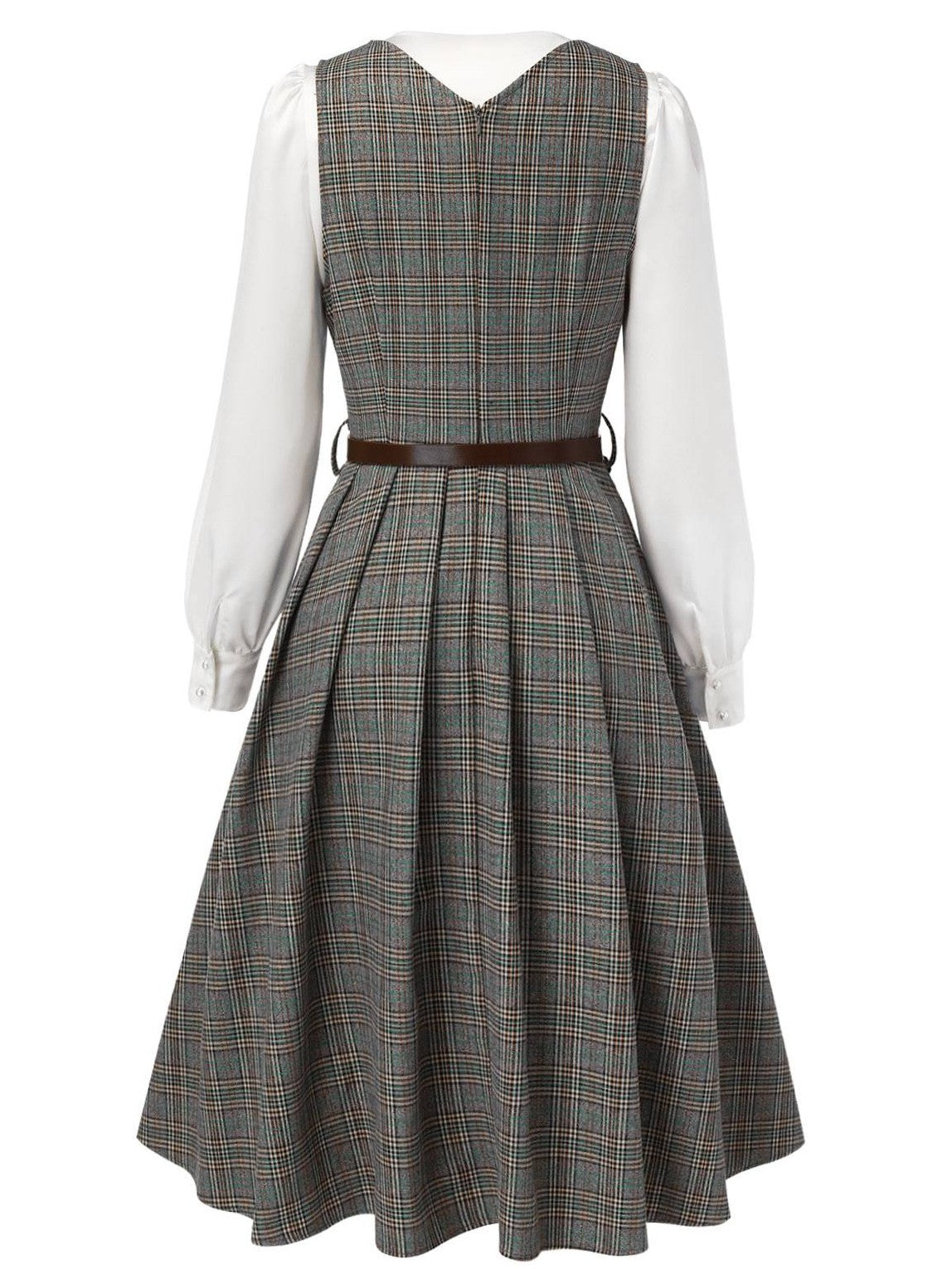 2PCS Grey 1940s V-Neck Plaid Dress & Satin Blouse