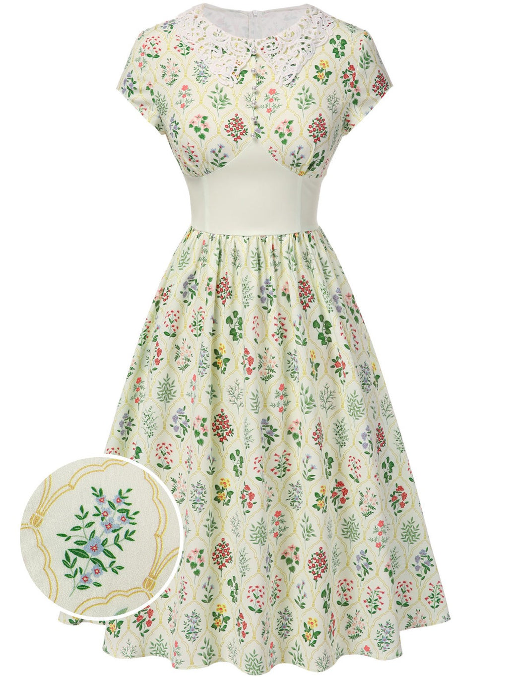Beige 1940s Floral Lace Collar Cap Sleeve Dress