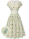 Beige 1940s Floral Lace Collar Cap Sleeve Dress