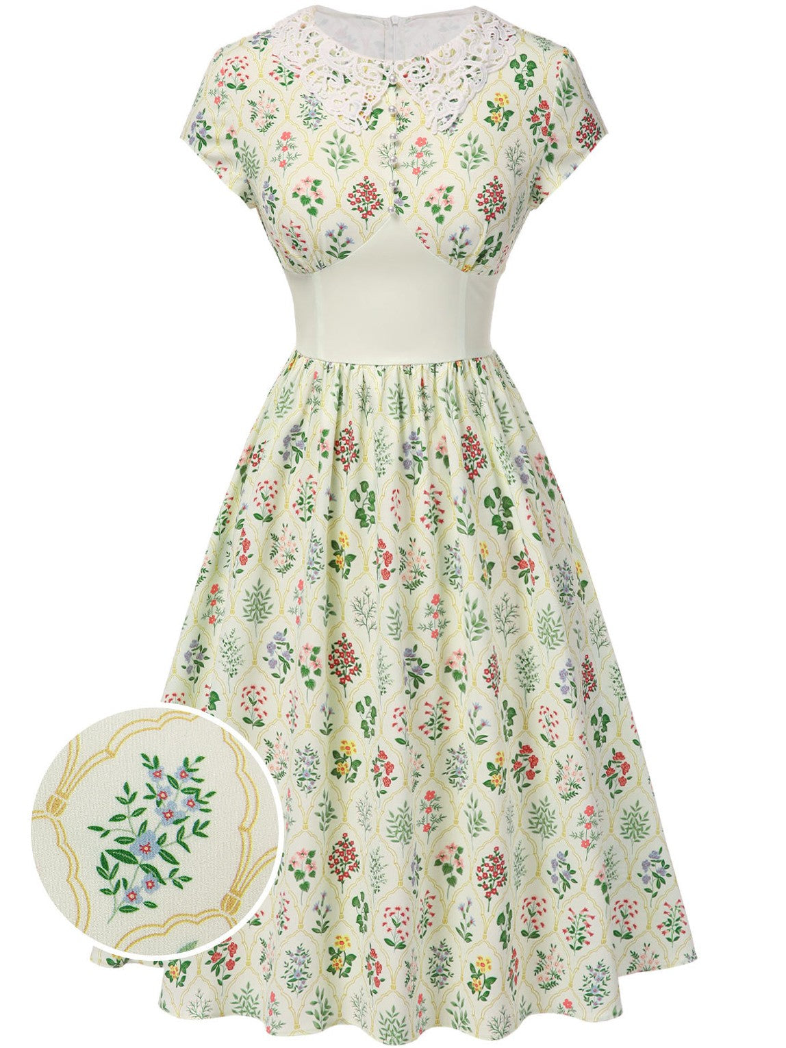Beige 1940s Floral Lace Collar Cap Sleeve Dress