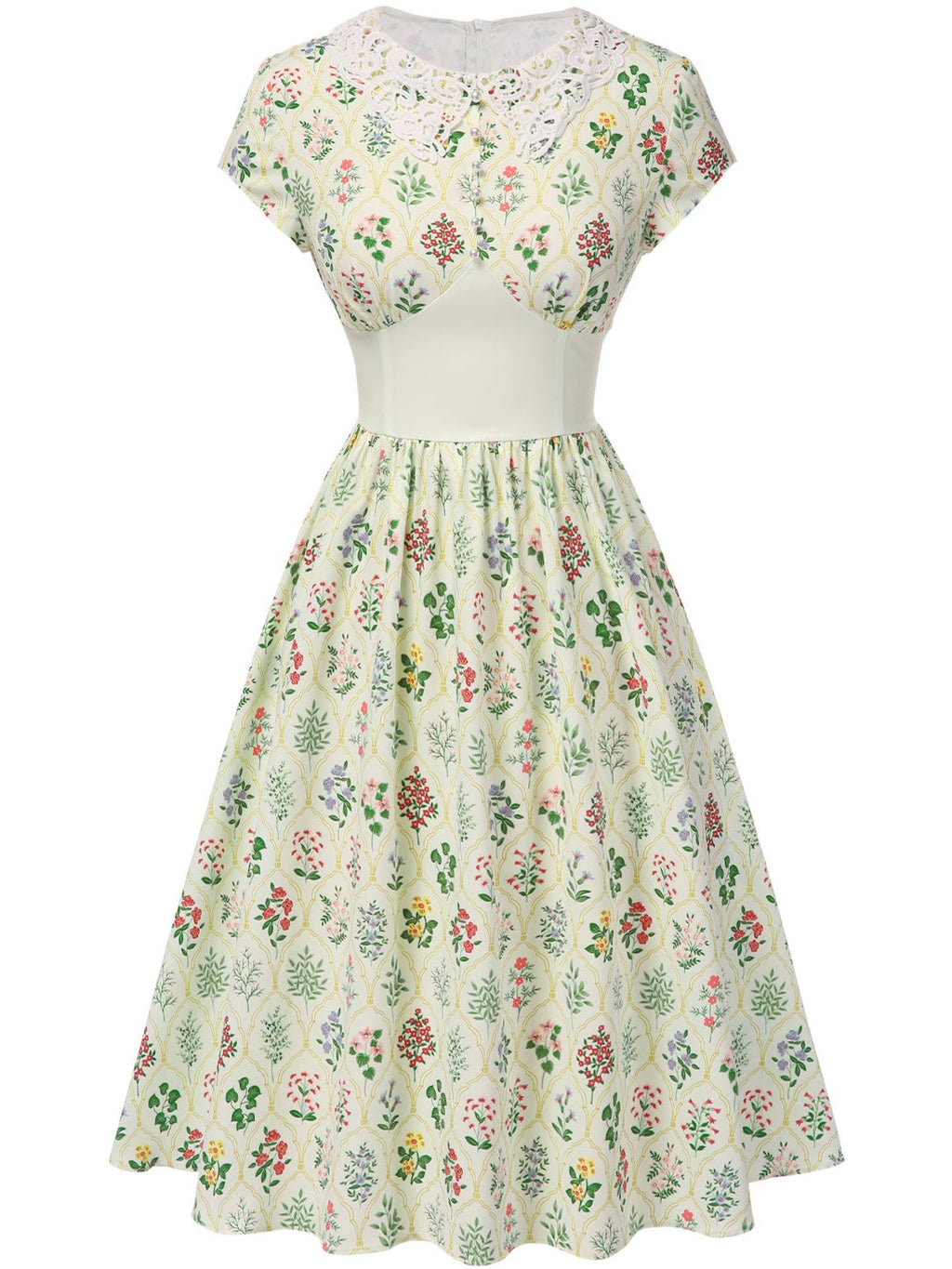 Beige 1940s Floral Lace Collar Cap Sleeve Dress