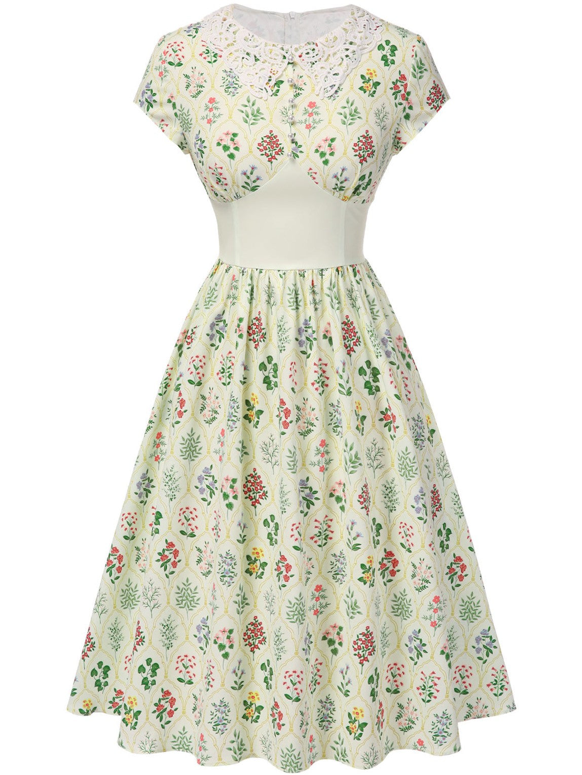 Beige 1940s Floral Lace Collar Cap Sleeve Dress