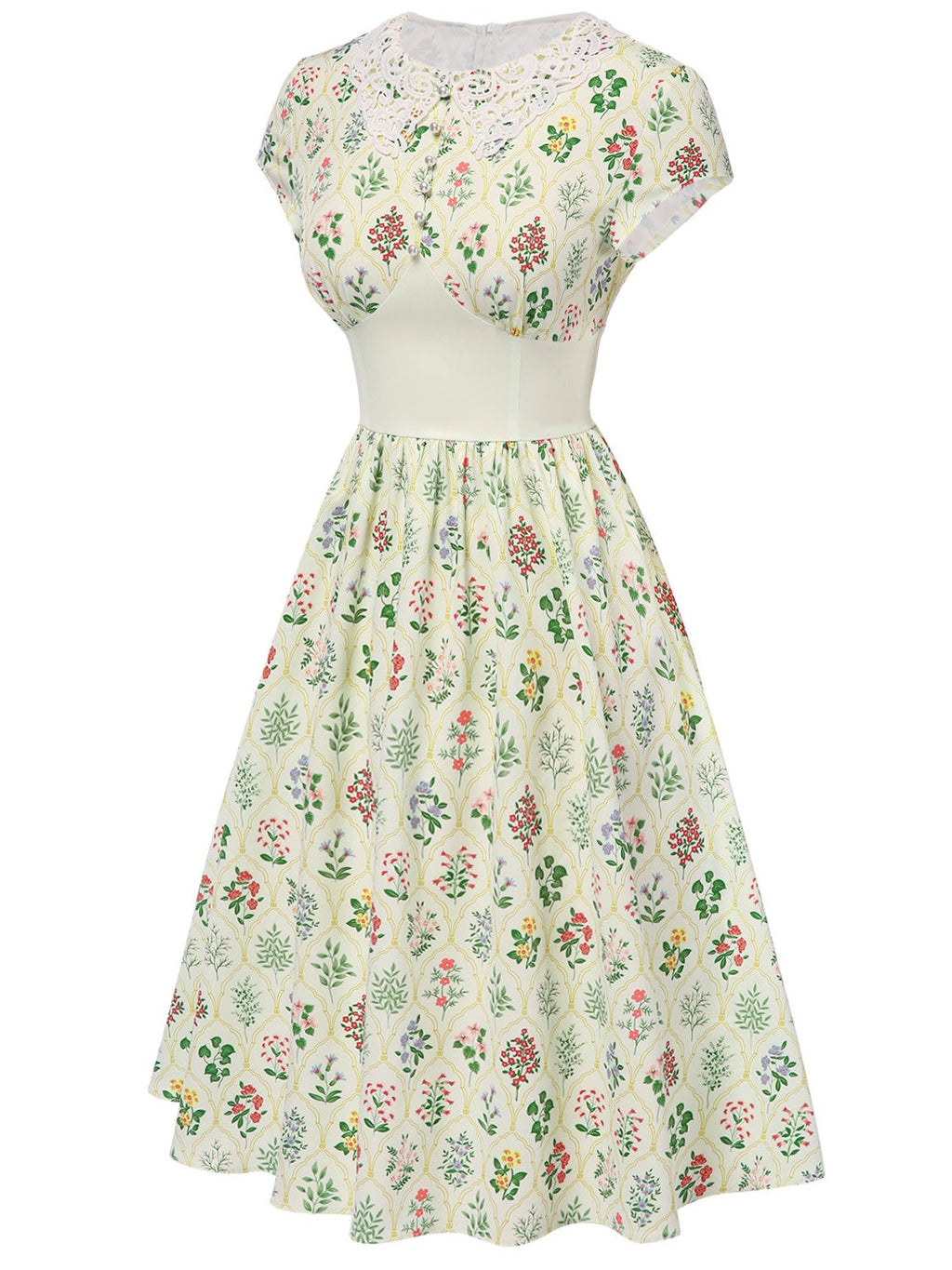 Beige 1940s Floral Lace Collar Cap Sleeve Dress