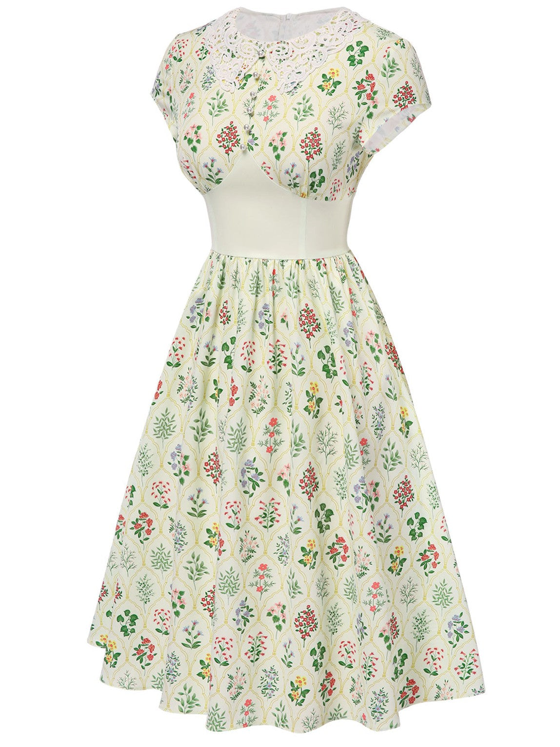 Beige 1940s Floral Lace Collar Cap Sleeve Dress