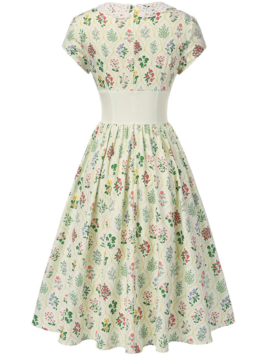Beige 1940s Floral Lace Collar Cap Sleeve Dress