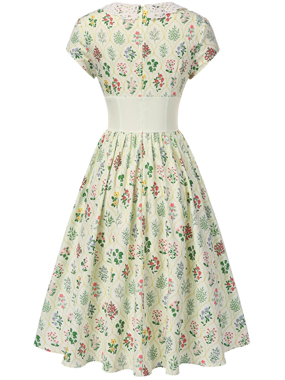 Beige 1940s Floral Lace Collar Cap Sleeve Dress