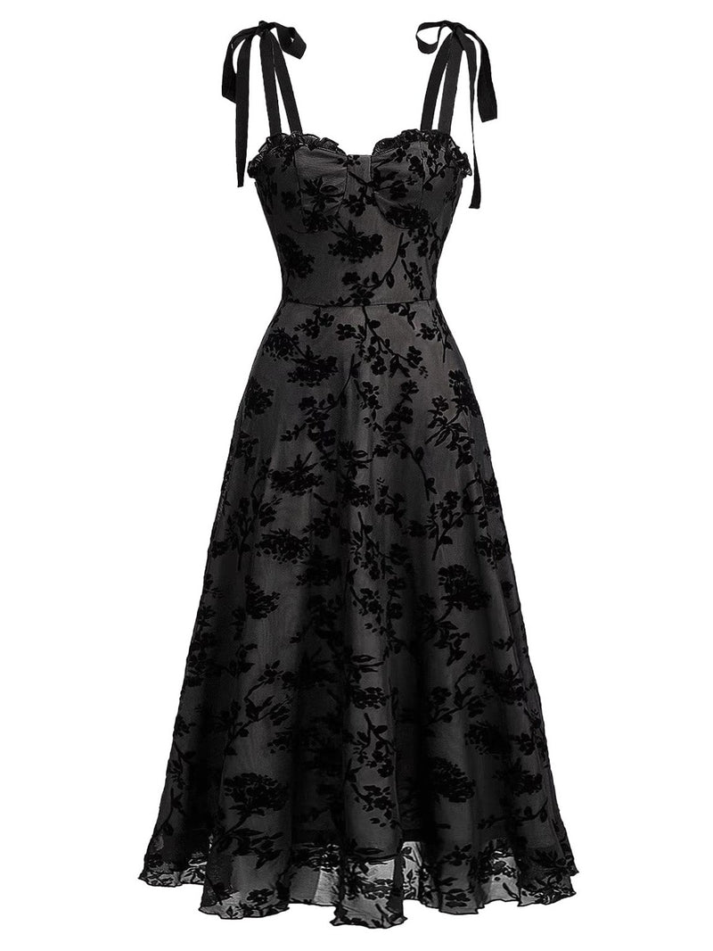 Black 1950s Floral Velvet Strap Tie Midi Dress