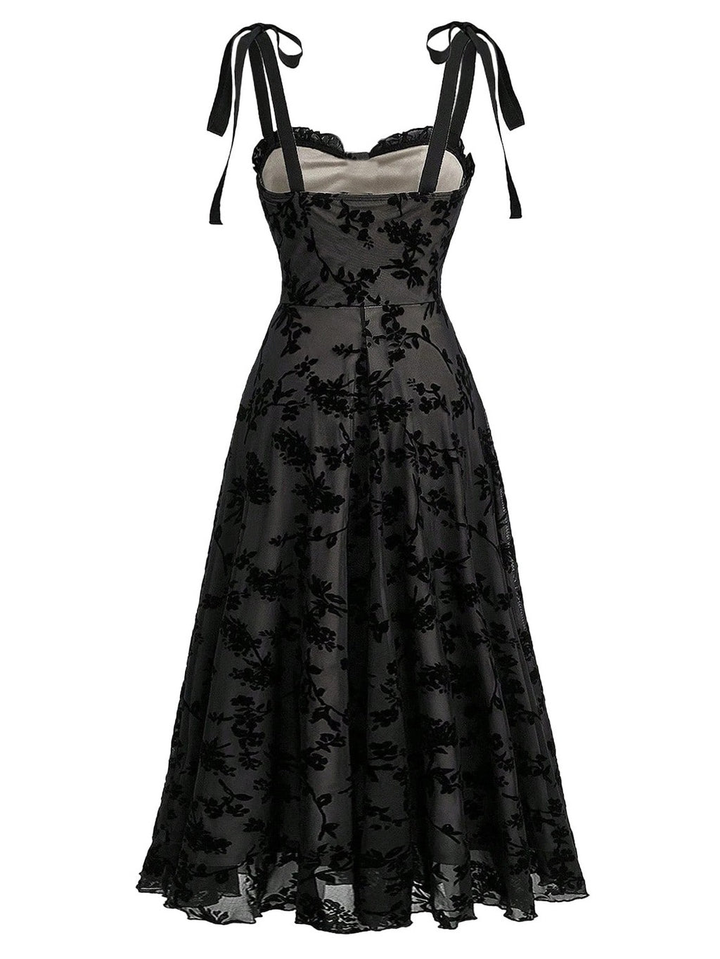 Black 1950s Floral Velvet Strap Tie Midi Dress