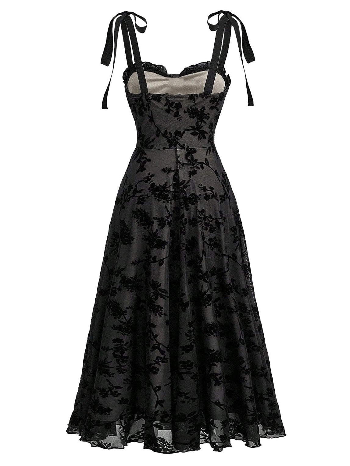 Black 1950s Floral Velvet Strap Tie Midi Dress