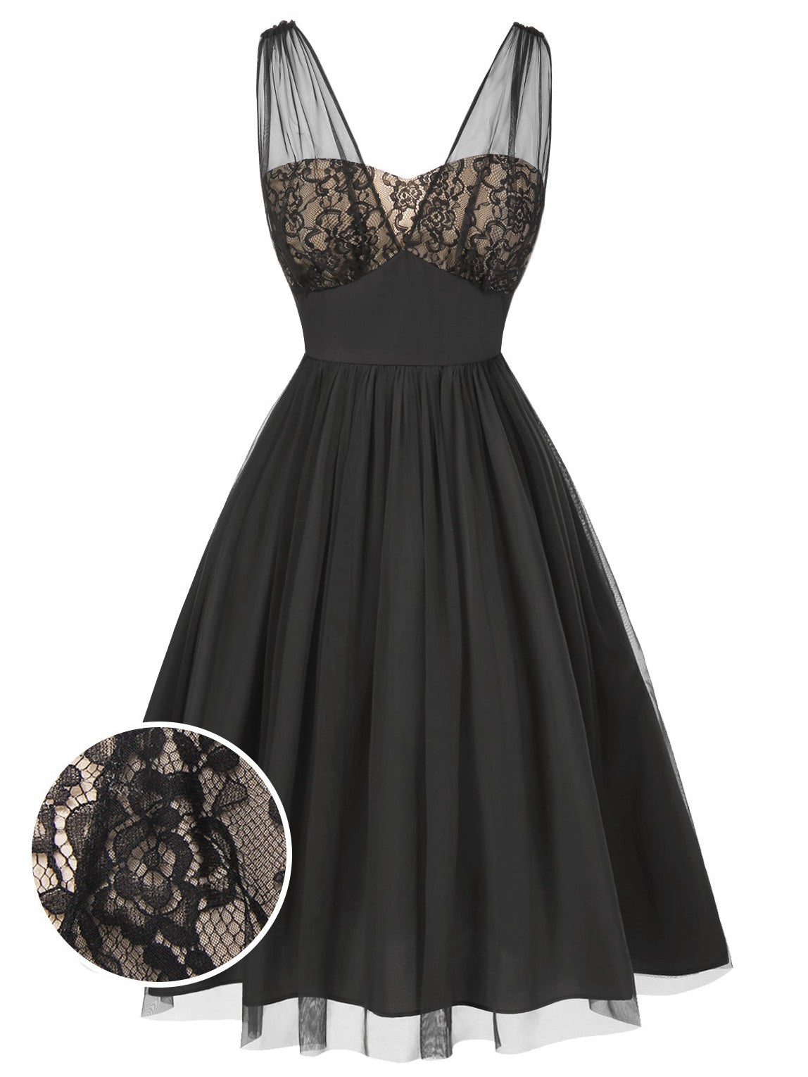Black 1950s Lace Floral Mesh Swing Dress